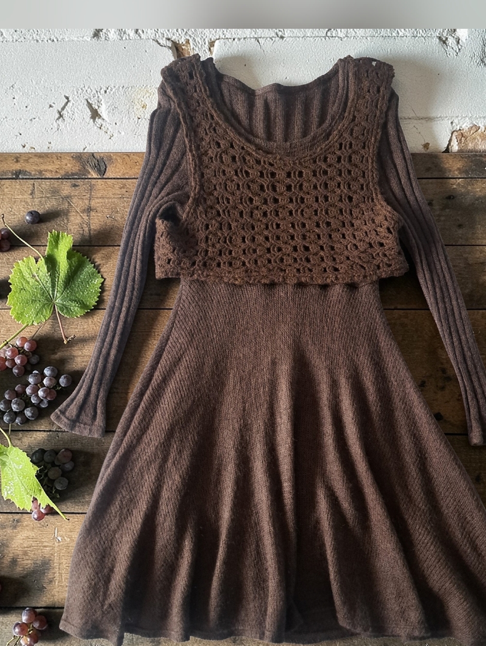 Knit Crochet Overlay Whimsigoth Cottagecore Midi Dress In Chocolate Brown